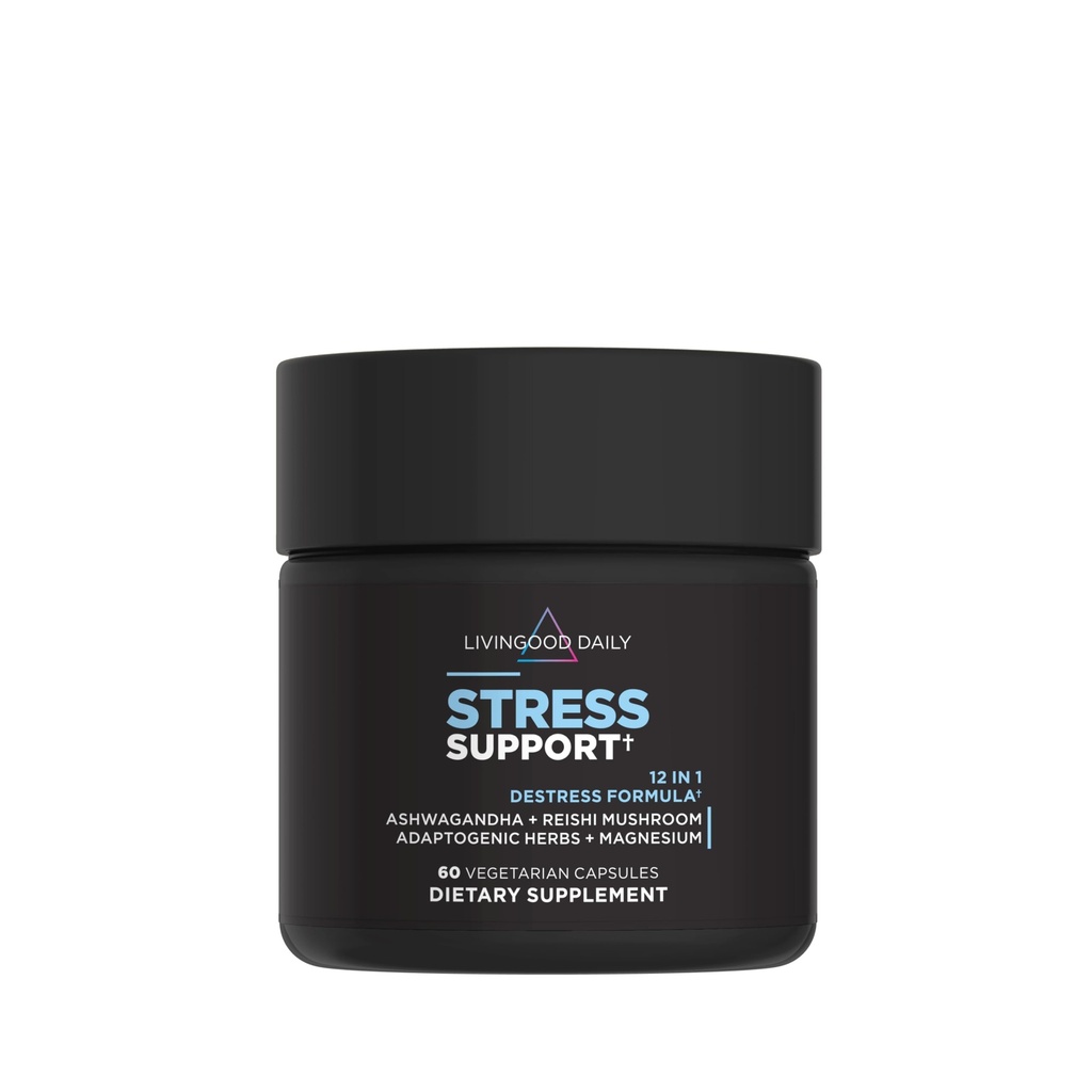 Livingood Daily Stress Support, 12-in-1 supplement met Ashwagandha, Reishi Mushroom, Vitamine B6, Adaptogene Kruiden & Magnesium, ondersteunt Mood & Calm, Glutenvrij, Veganistisch, 60 Vegetarische Capsules