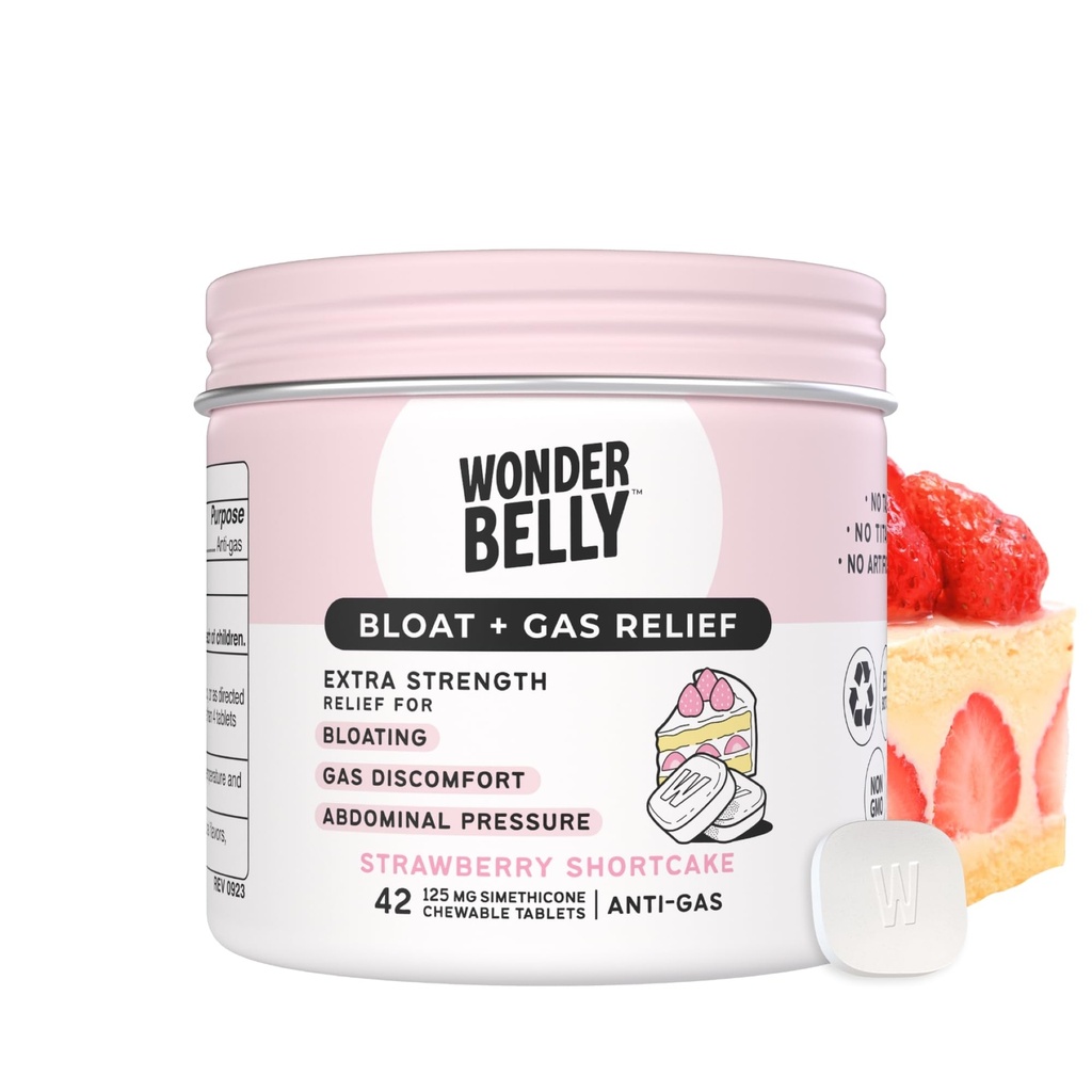 Bloat de Wonderbelly + dégazage, Comprimés croustillants extra-forts, avec 125 mg de Siméthicone, Sans Talc ou Tee, Shortcake aux fraises, 42 Compte