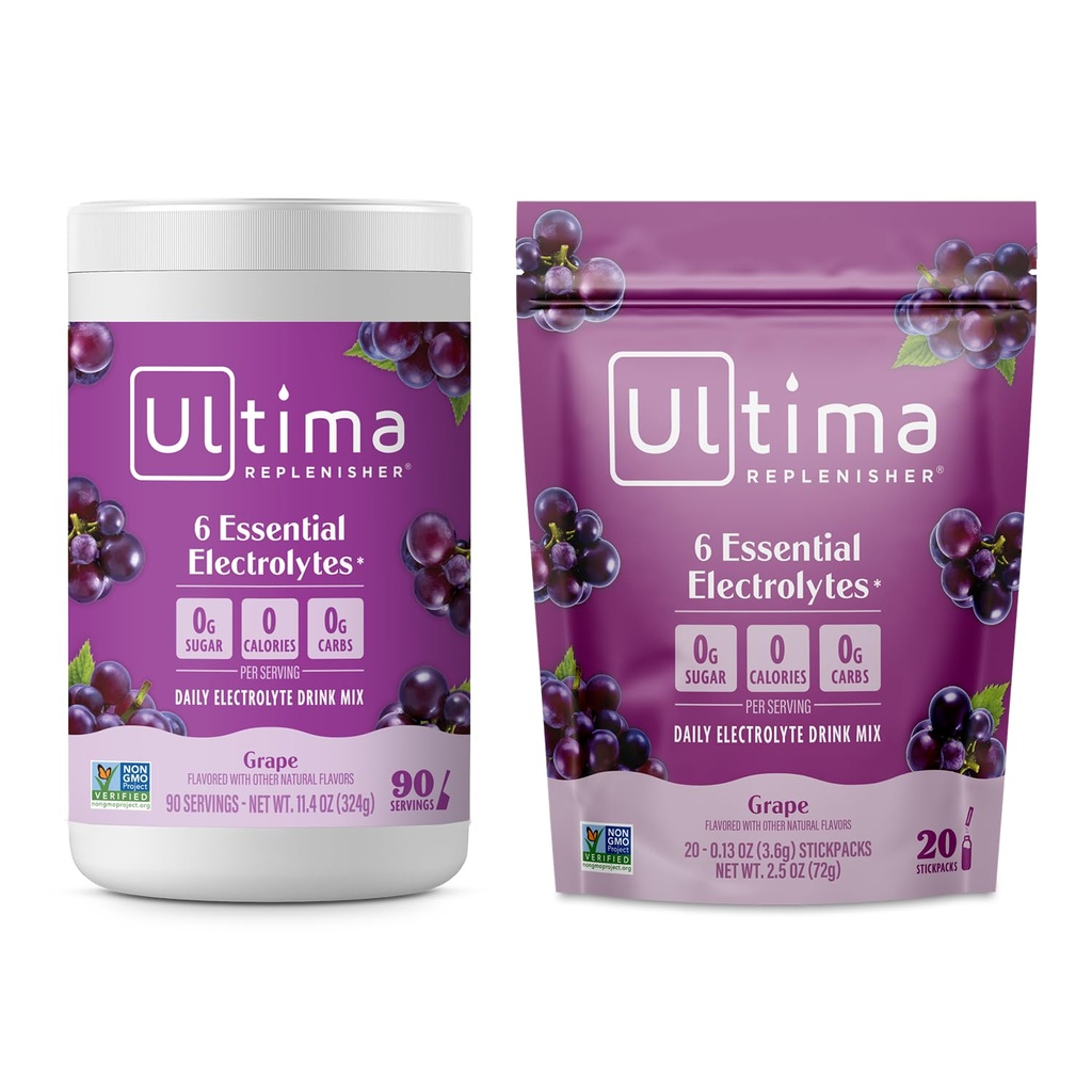 Ultima Repleniser Mélange de poudre d'électrolyte – sans sucre – raisin, 90 boîtes de service et 20 sacs à bâtons – 6 électrolytes et minéraux – Keto Friendly, Vegan, Non-OGM