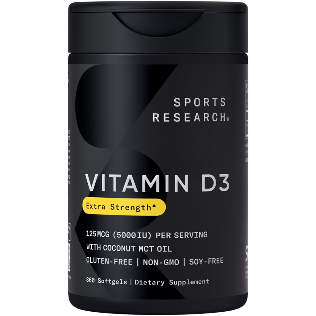 Sportonderzoek® Vitamine D3 w/Coconut MCT Oil - High Potency Vitamine D3 5000iu (125mcg) Supplement voor Immune & Bone Support - Zaadolievrij - Non-GMO - Glutenvrij (360 Liquid Softgels)