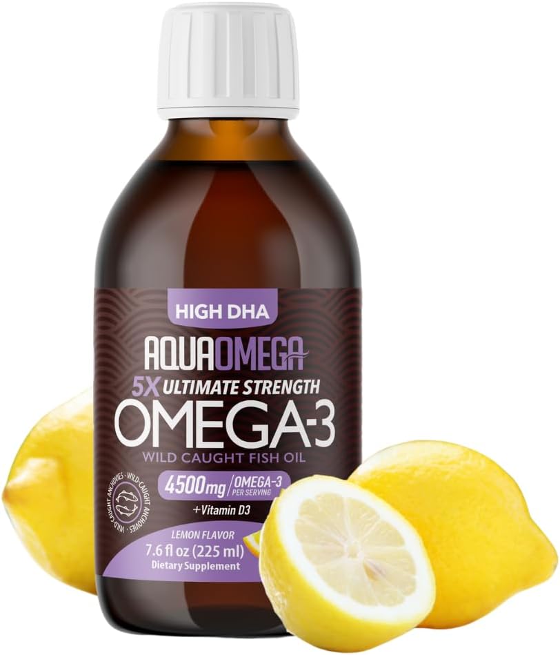 5X Ultimate Strength Omega 3 Visolie Vloeibaar, Visolie Supplementen met Hoge DHA en EPA Omega3 Vetzuren, Hoge Potentie Omega 3 met Vitamine D, 7.60 Floz, Citroen smaak