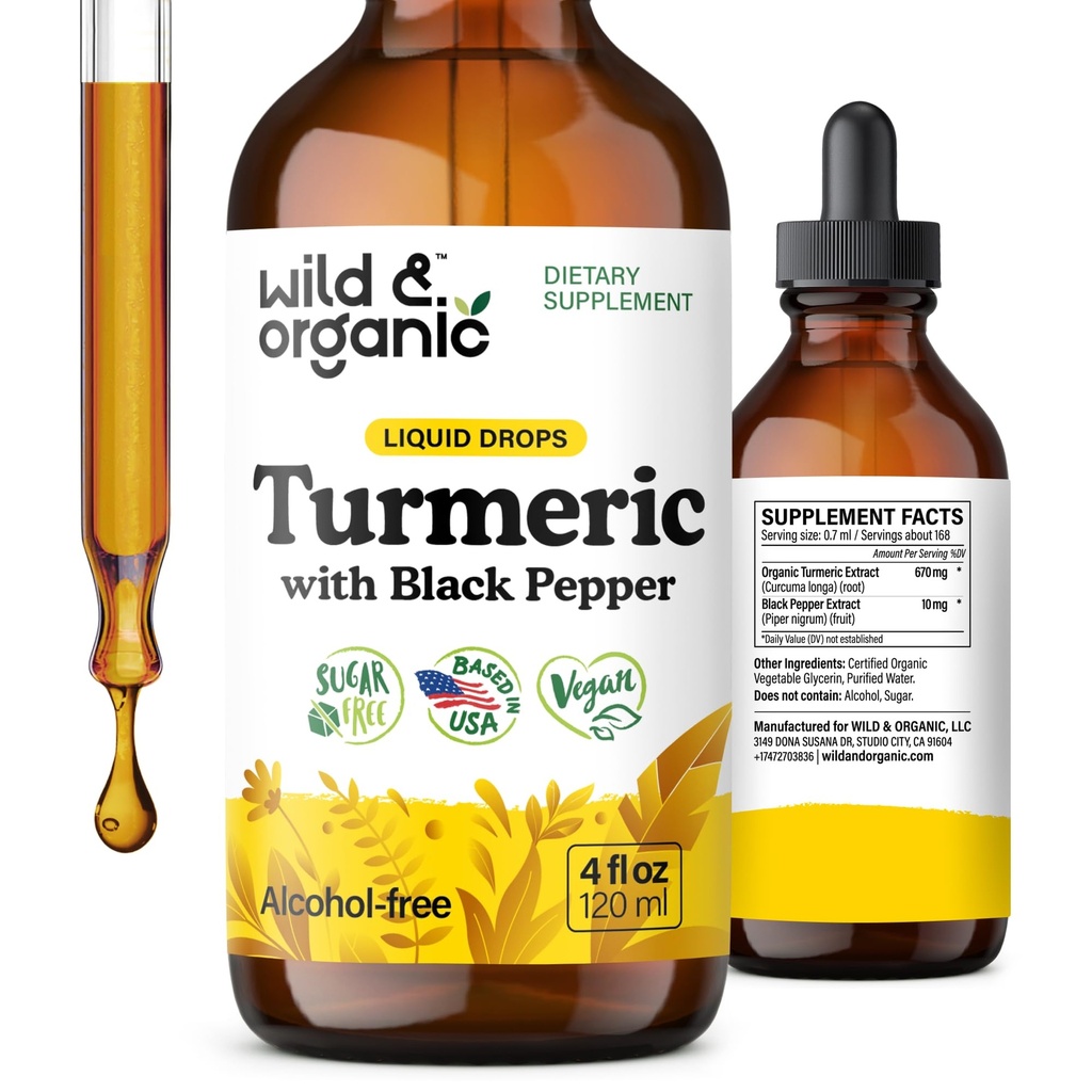 Wild & Organic Kurkuma Tinctuur - Kurkuma Curcumine met Black Pepper Extract - Mobility Support Supplement - Curcumin Root Liquid Drops - Vegan, Sugar & Alcohol-Free - 4 fl oz