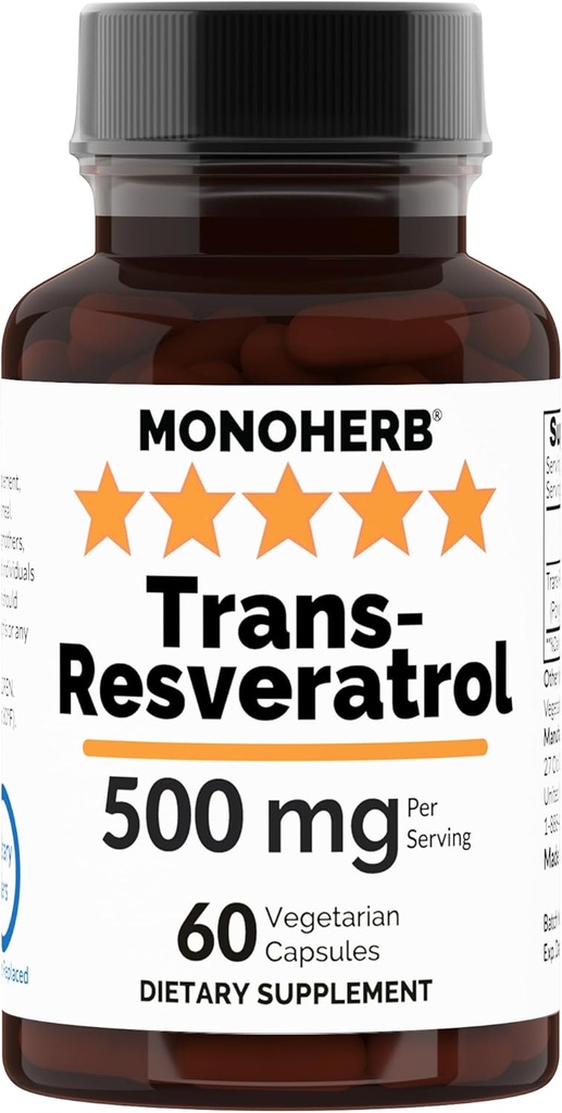 Trans Resveratrol 500 mg - 60 Veg Capsules 250 mg per capsule - Serving Size 2 Capsules: 500 mg - 30 porties