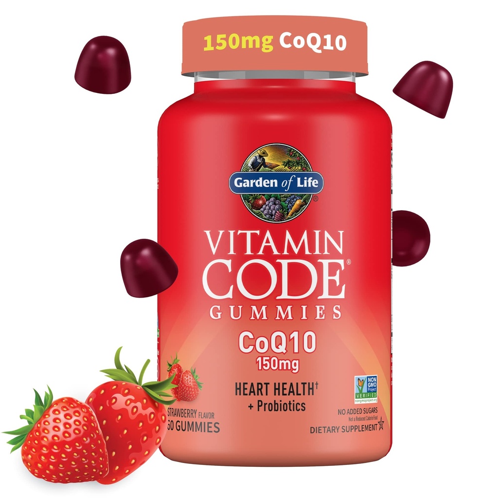 Garden of Life Vitamine Code CoQ10 Gummies 150 mg, Co-enzym Q10 voor hartgezondheid, energieproductie en gezonde veroudering + Prebiotica en probiotica voor digestie, non-GMO, glutenvrije, 60 aardbei-gummies