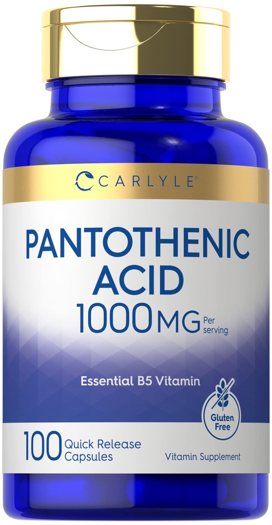 Acide pantothénique Carlyle $ 1000mg $ 100 capsules $ Essentiel B5 Vitamine $ Non-OGM, supplément sans gluten
