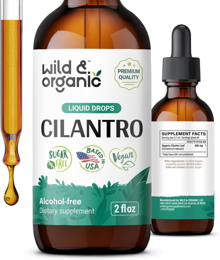 Wild & Organic Cilantro Drops - Detox Cleanse with Liquid Cilantro Supplement - Korianderblad Extract Tinctuur - Vegan, Sugar & Alcohol-Free - 2 fl oz