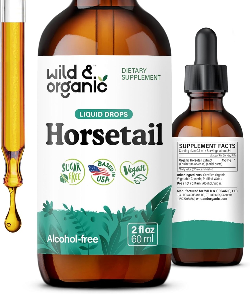 Wild & Organic Horsetail Extract Drops - Hair Skin Nails Ondersteuning - Liquid Horsetail Supplement - Herb Powder Based Tinctuur - Vegan, Sugar & Alcohol-Free - 2 fl oz