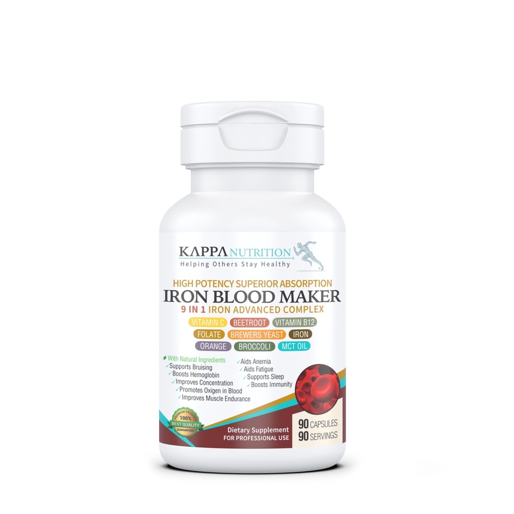 KAPPA NUTRITION Fer 26mg, Vitamine C et Orange 150mg, Folate 667mcg DFE, Vitamine B12, Beetroot, Brewers Levure, Brocoli & Huile MCT 9 en 1 Complexe avancé (90 Capsules)