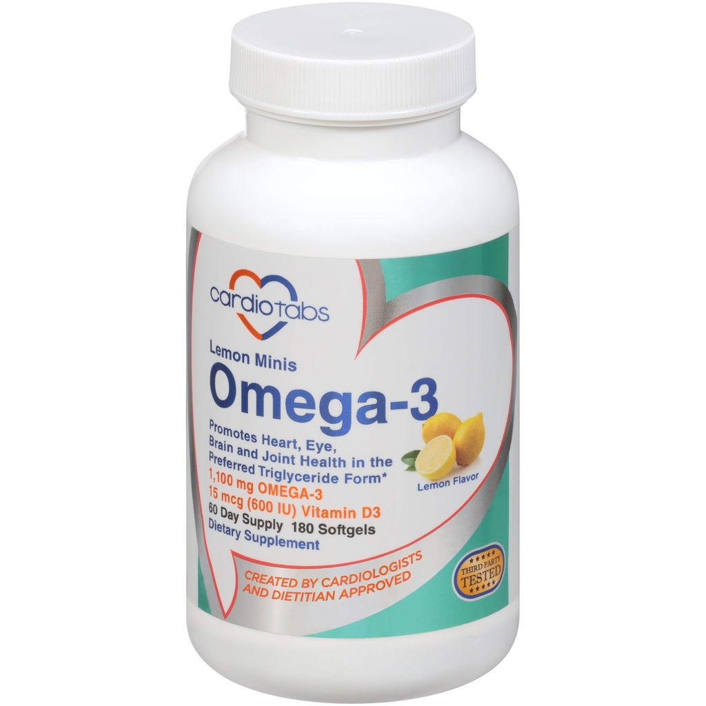 Omega 3 Minis de citron + vitamine D3, 1 100 mg Omega-3 sous forme de triglycéride et 600 UI de vitamine D3, facile à avaler, softgels de supplément Omega-3 au citron frais - 180 Compte