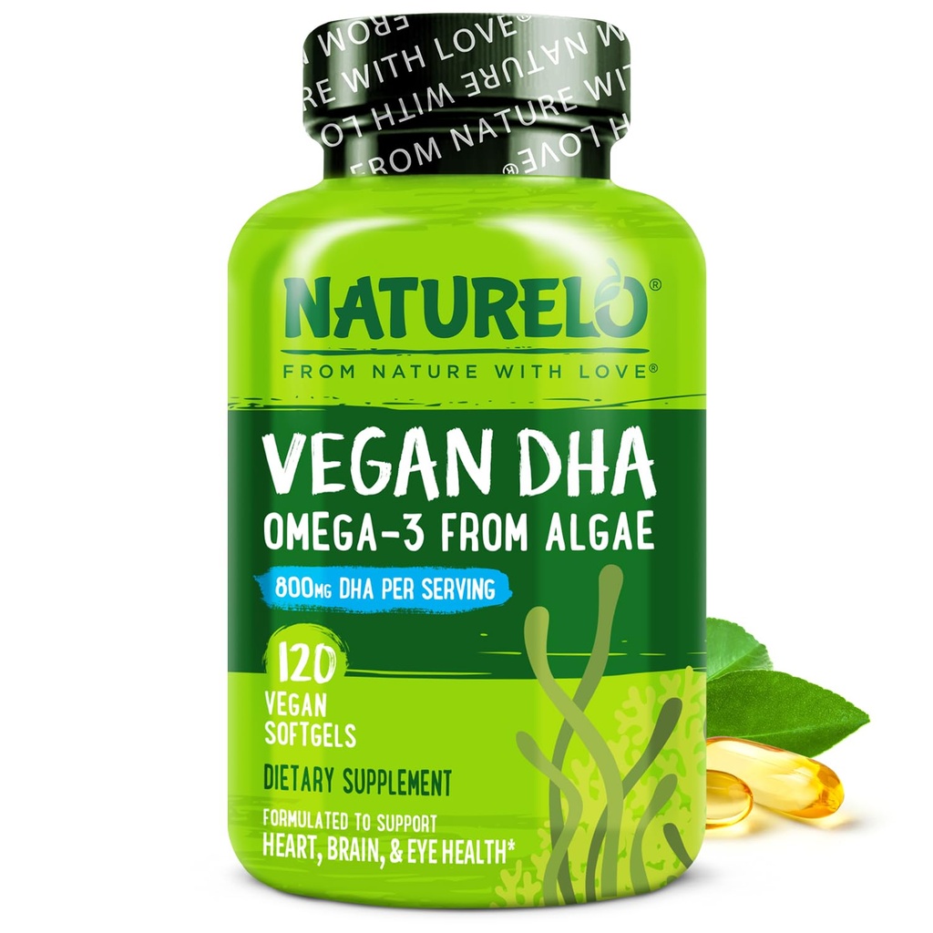 NATURELO Vegan DHA - Omega 3 Oil from Algene - Supplement for Brain, Heart, Joint, Eye Health - Biedt essentiële vetzuren voor vrouwen Mannen en kinderen - Complements Prenatale vitamines - 120 Softgels