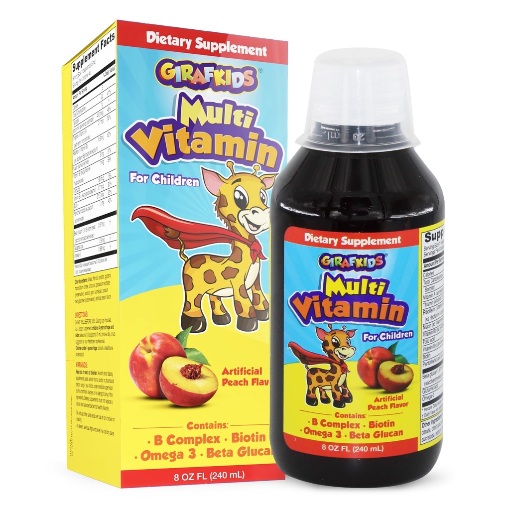 GirafKids Liquid Multivitamine voor kinderen Leeftijd 4+, 8oz - Dagelijkse Child Vitaminen met Biotine, Vitamine A, B Complex, Foliumzuur, Omega-3 & Beta Glucan - Dieetsupplement voor kinderen Groei en energie