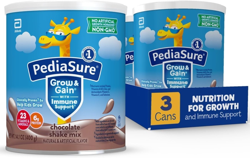 PédiaSure Grow & Gain avec support immunitaire Shake Mix Poudre, 23 Vitamines & Minéraux, 6g Protéines, Non-OGM, Sans gluten, Chocolat, 14,1 oz Can, Boîte de 3-24 portions