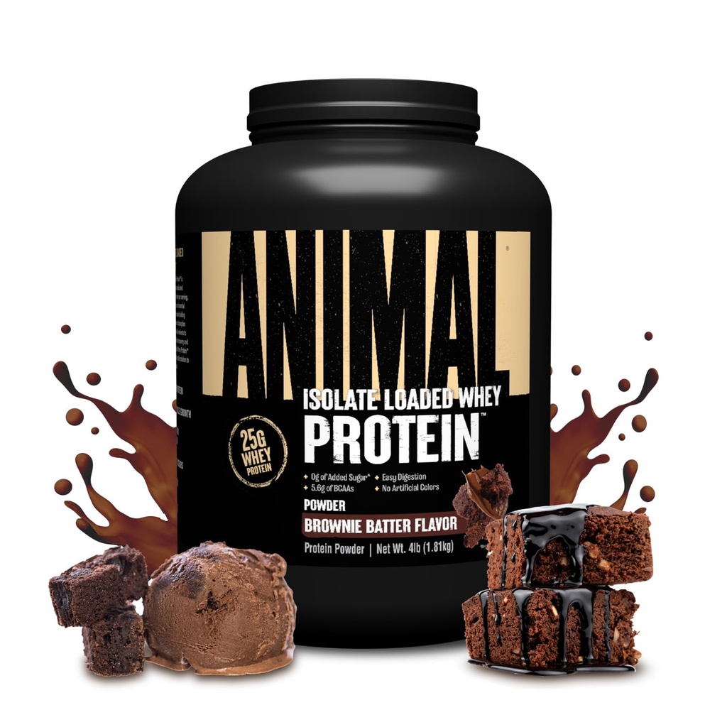 Poudre de protéines isolantes de la lactosérum animal - Chargeé pour pré et post entraînement Muscle Builder et récupération avec enzymes digestives pour les hommes et les femmes - 25g de protéines, grand goût, faible sucre - Brownie Batter 4 lbs