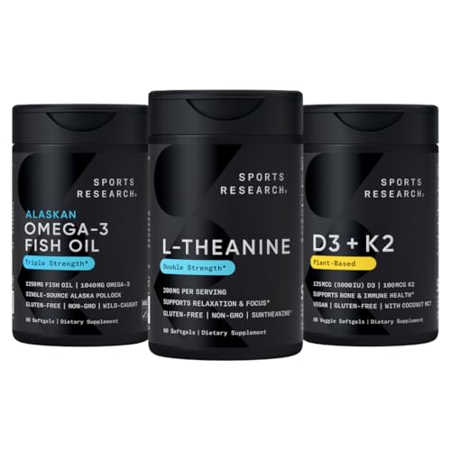 Sports Research Body Wellness Pack - Dubbele sterkte L-Theanine (Sunthenine) Supplement 200mg, Triple Strength Omega 3 Visolie (1250mg) en Vegan Vitamin D3 (5000 IE) + K2 (100 mcg Mk7)