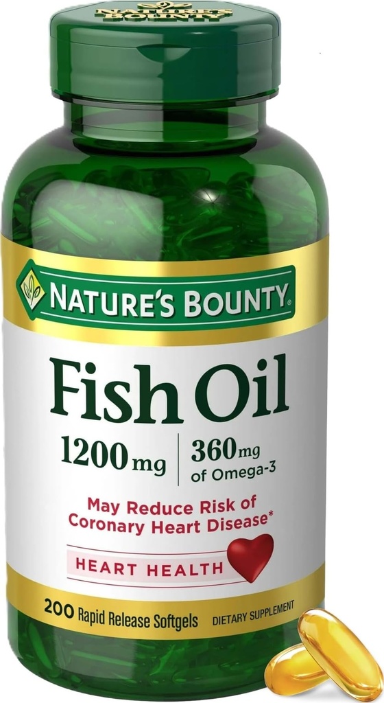 Nature's Bounty Fish Oil Omega 3 suppléments - soutient la santé cardiaque, 1200 Mg d'huile de poisson, Omega-3, 200 Softgels (paquet de 1)
