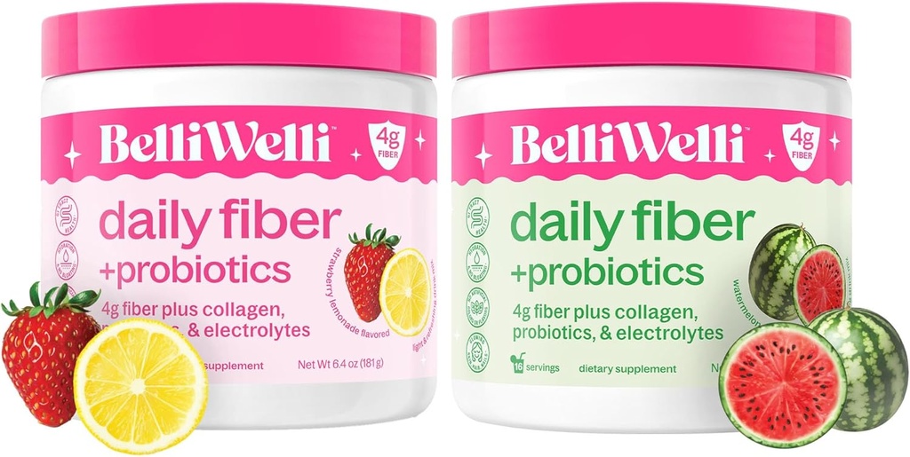 Belli Welli Daily Fiber Supplement Bundle - Aardbei Lemonade & Watermeloen - Collageen, Probiotica & Elektrolyten voor Balanced Wellness - Verfrissende smaken, 32 porties Totaal