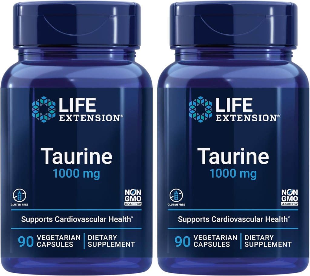 Life Extension Taurine, Pure Taurine Amino Acid Supplement, Hart-, Lever- en Hersengezondheid, Levensduur, Spier- en Oefening, 1000 mg dosis, Non-GMO, Glutenvrij - Two Pack - 90 Vegetarische Capsules x 2