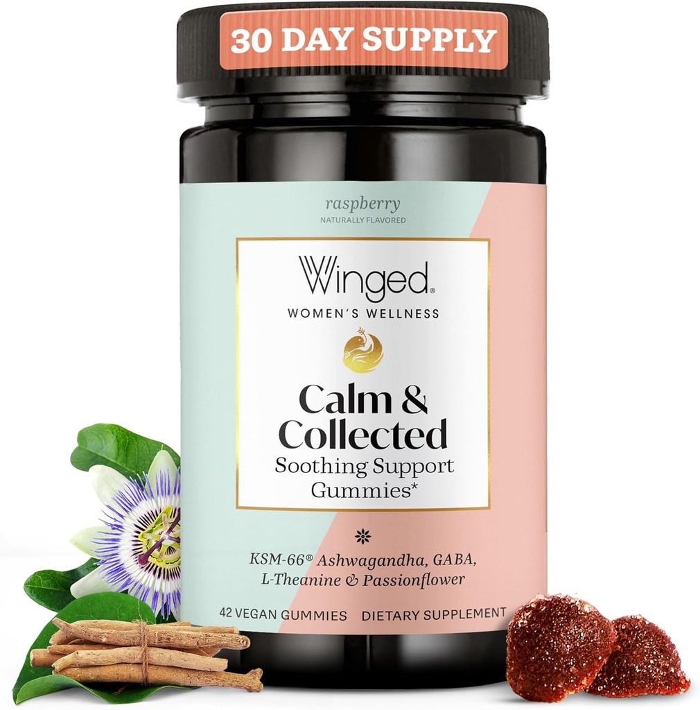 Winged Wellness Calm & Collected, Stress Relief Gummies - Stress Support Supplement with KSM-66 Ashwagandha, L-Theanine, GABA & Passionflower - Vegan & Gluten-Free Gummy - Raspberry, 42 Tel.