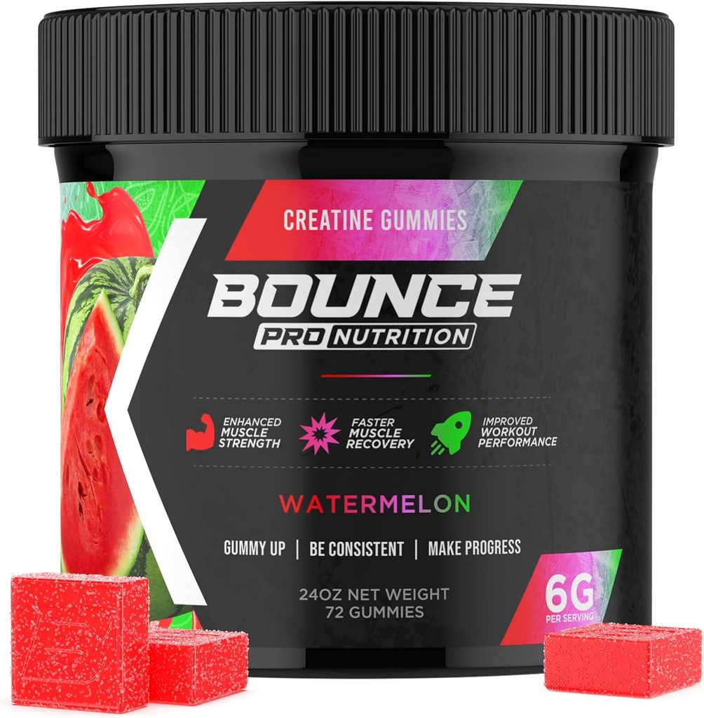Bounce Pro Creatine Monohydraat Gummies for Men & Women, Low Calorie, 6G of Creatine per Serving, Vegan, Anti-Melting, Gluten-Free, Non-GMO, 2g Creatine per Gummy (72ct, Watermeloen)