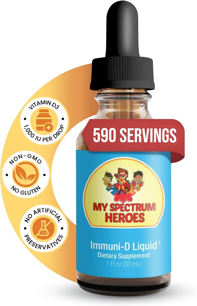 My Spectrum Heroes - Immuni-D Liquid Vitamin D3 Supplement, 1000 IE per portie, Glutenvrije, smaakloze vitamine vloeistof, Aids in Mineral Absorptie voor kinderen en volwassenen - 1 FI oz (30 ml)