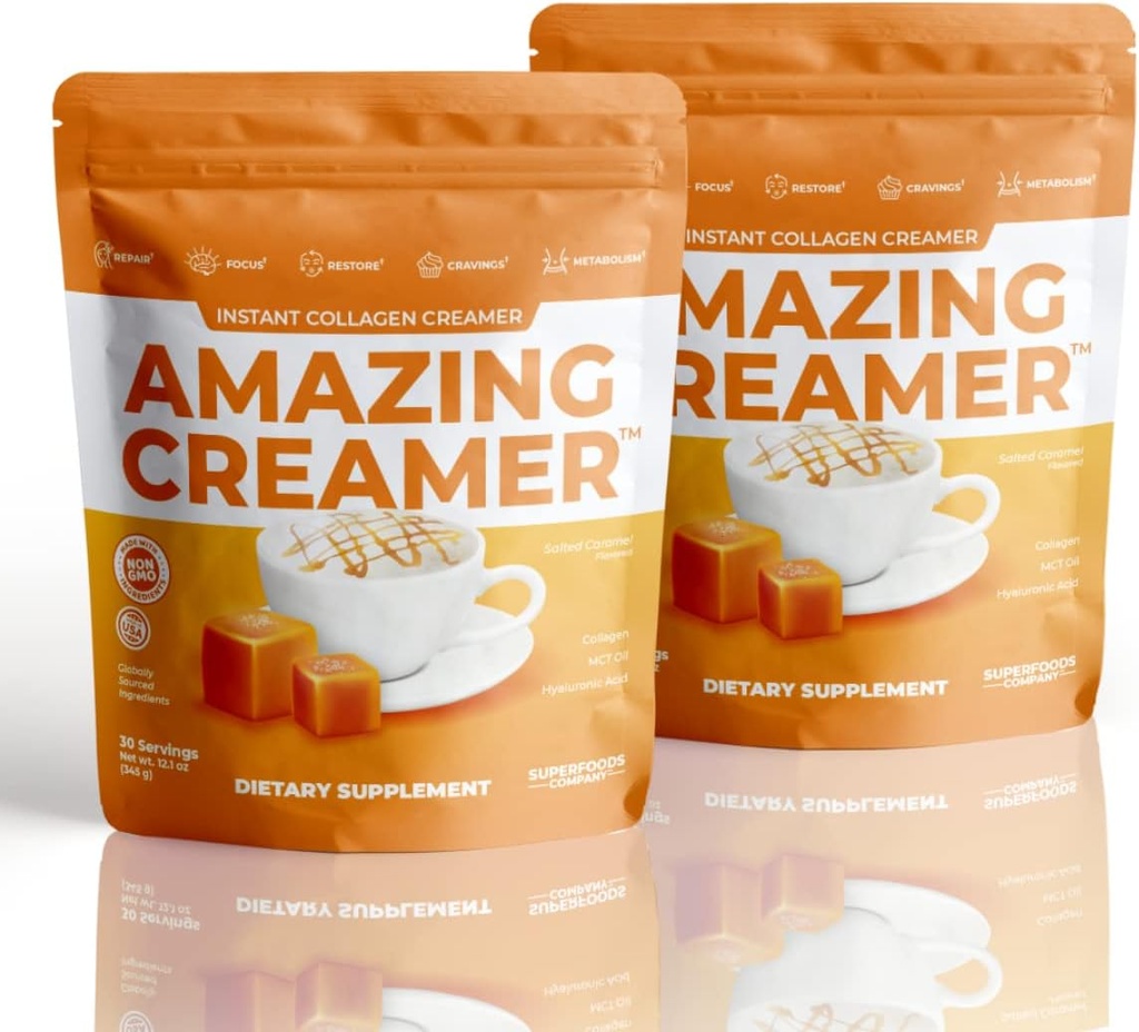 Superfoods Company Amazing Creamer with Collageen - Keto Creamer-Hyaluronic Acid & MCT Oil - Brain Boost & Curbs Cravings - Supports Healthy Skin & Hair - Diet-Friendly [60 Servings] [Salted Caramel]
