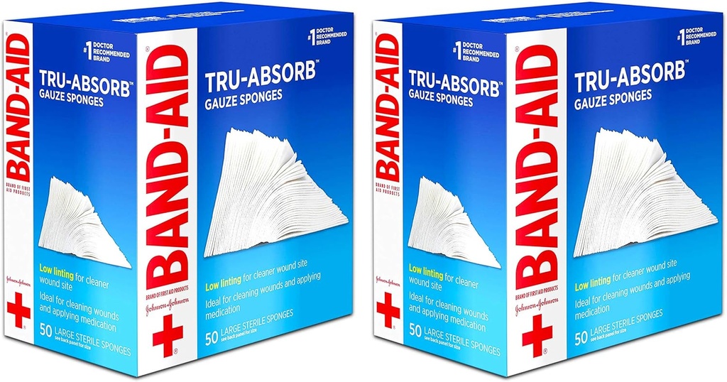 Band Aid Merk First Aid Producten Tru-Absorb Steriele Gauze Sponges voor het reinigen en kussen Wonden, Low-Lint Design, 4 inch bij 4 inch, 50 Count (Pack of 2)