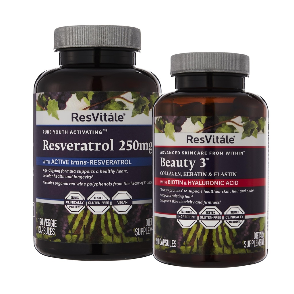 ResVitale Beauty 3 - Huidverzorgingssupplement met collageen, keratine & elastine - 90 capsules & Resveratrol 250 mg - Resveratrol Supplement voor mannen en vrouwen - 120 Veggie Capsules