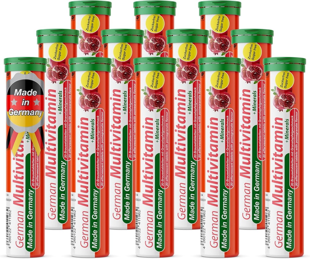 T&D allemand Multvitamine + minéraux 10 vitamines 2 minéraux - 240 boissons véganes comprimés effervescents - grenade saveur - Fabriqué en Allemagne