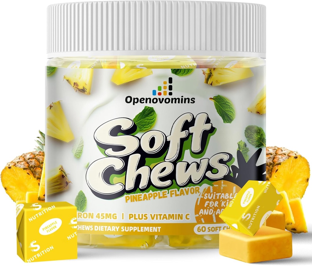 IJzersupplement Kauwt met vitamine C voor vrouwen mannen en kinderen, natuurlijke Veganische ijzer Zachte Kauw met vitamine B6,B12,D, Calcium en zink - energiesteun, 60 Ananas SoftChews,2 maand levering