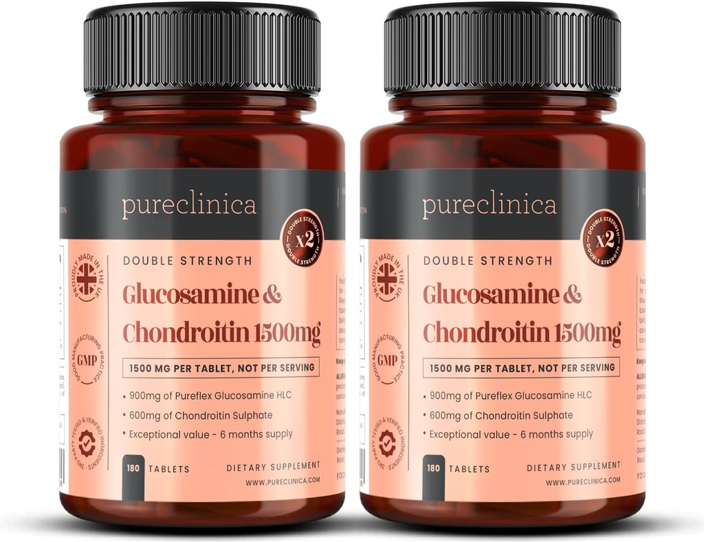 pureclinica 1500mg Glucosamine HLC en Chondroitin x 360 tabletten (2 flessen van 180) - 12 maanden levering. De meest effectieve en bioactieve: Chondroitine 90%, Glucosamine HCL 83,1%