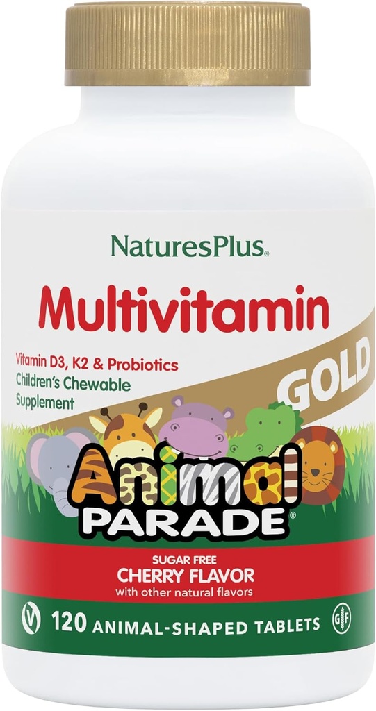 NaturesPlus Animal Parade Gouden Kinderen Kauwbare Multivitamine - Natuurlijke Cherry smaak - 120 Animal Shaped-Tablets, Pack van 2 - met vitamine D3, K2 & Probiotica - 120 Total Servings