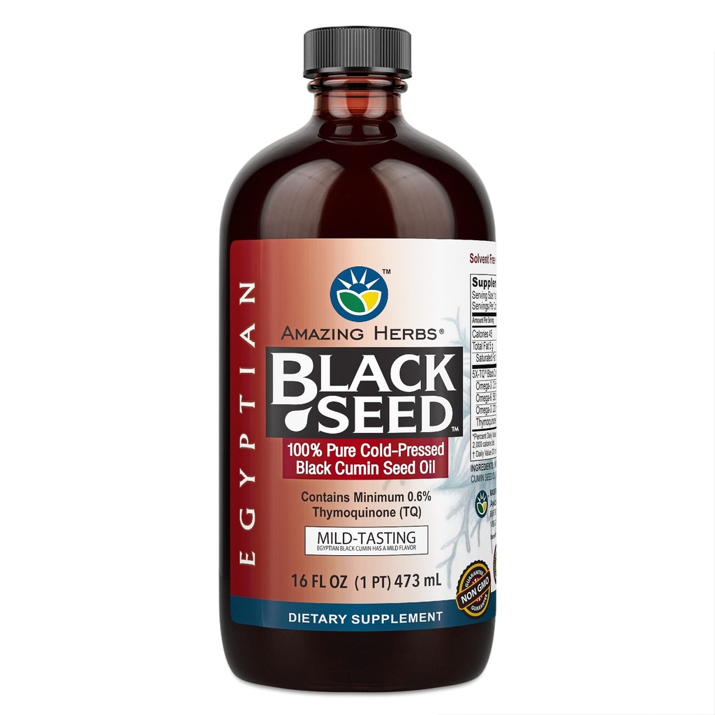 Verbazingwekkende Kruiden Egyptische Zwarte Zaadolie - Glutenvrij, Niet GGO, Koud geperste Nigella Sativa Aids in Digestive Health, Immune Support, Hersenfunctie, Lichte Smaak - 16 Fl Oz