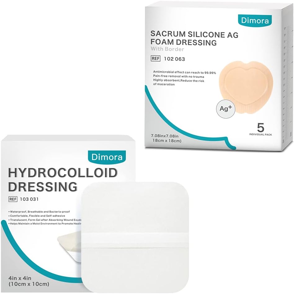 Hydrocolloid Wound Dressing, 10 Pack Ultra Thin 4" x 4" + Ag Silver Sacrum Foam Wound Dressing Bandages Siliconen Lijmrand 7"x7"