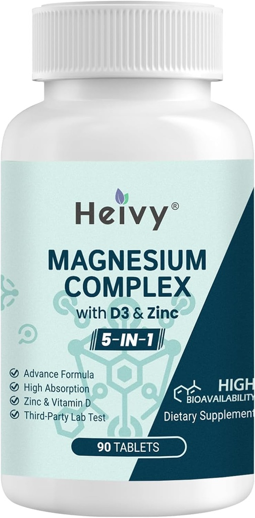 Magnésium Complex 3 Pack, Magnésium Glycinate, Citrate, Malate, Oxyde, Gluconate avec Zinc et Vitamine D3, Supplément de Magnésium pour Muscle, Nerve, Coeur, Bone Support, Haute Absorption, 270 Comprimés