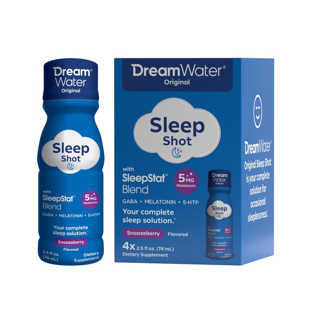 Droomwater slaaphulp supplement Drink; Melatonine 5mg, GABA, 5-HTP; Zero Sugar, Natuurlijke Smaken, Geen toegevoegde kleuren, 2.5 oz Liquid Sleep Shots, Snoozeberry, 4-Count