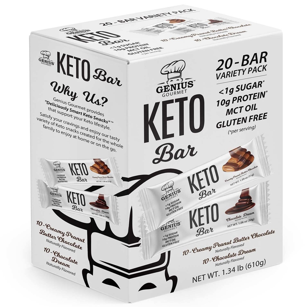 Genius Gourmet Glutenvrije Keto Proteïne Bar, Chocolade Keto Bars, Premium MCTs, Low Carb, Low Sugar (Variety Pack, 20 Tellen (pakket van 1))