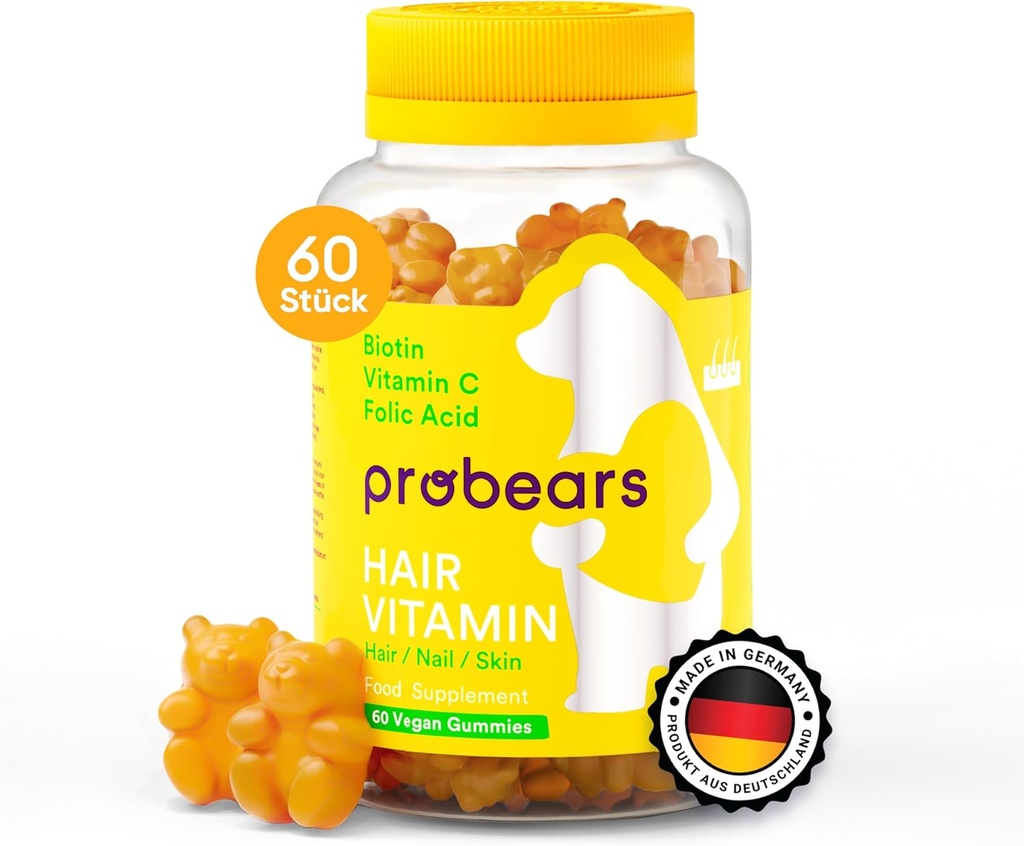 Probears® Biotine (B7) Veganistische Haargroei Gummies Vitaminen - 10.000 mcg, Essentiële Vitaminen A, B5, B6, B12, C, D2, E voor Haarverliespreventie - Glutenvrij, Gelatinevrij, Halal - 60 Tel.