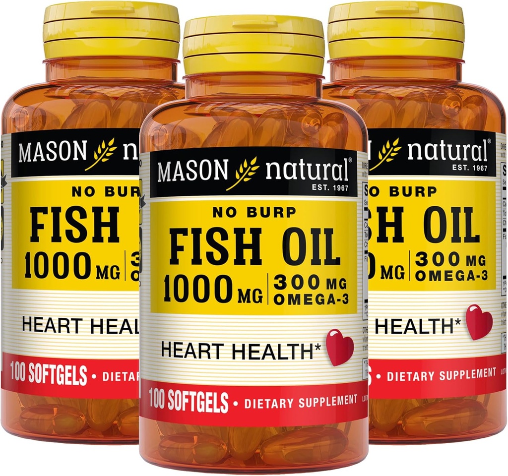 Mason Natural No Burp Fish Oil 1000 mg Omega,3 300 mg, ondersteunt normale hartgezondheid, 100 Softgels (verpakking van 3)