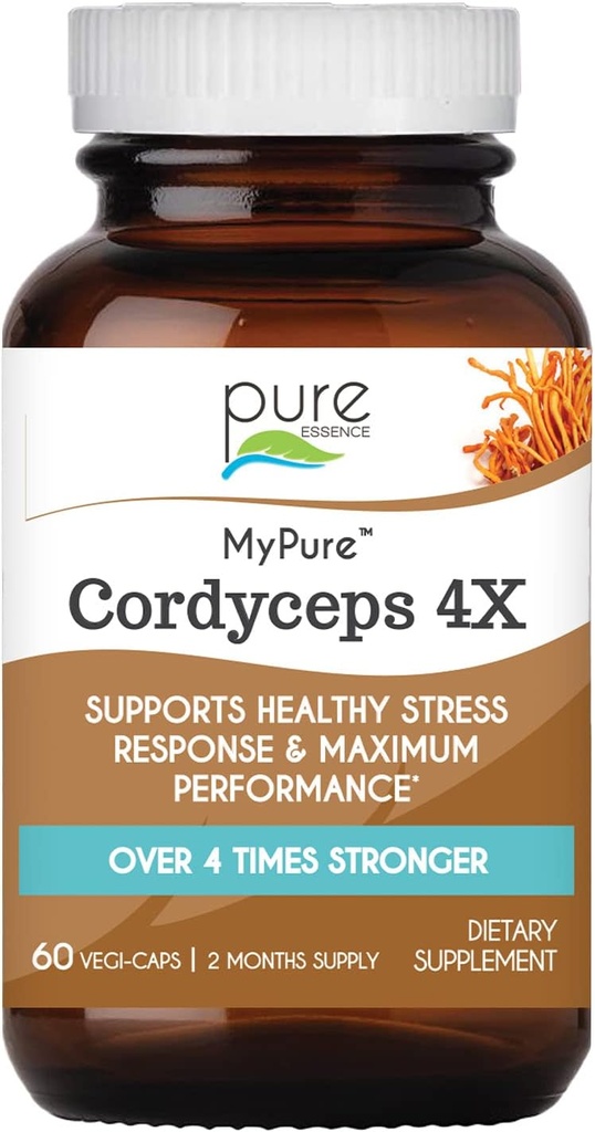PURE ESSENCE LABS MyPure Cordyceps 4X Paddenstoelen - Geconcentreerde Cordyceps Mushroom Poeder Supplementen voor het immuunsysteem, Stress Response, Fysische en Geestelijke Prestaties - 2 Maanden Levering