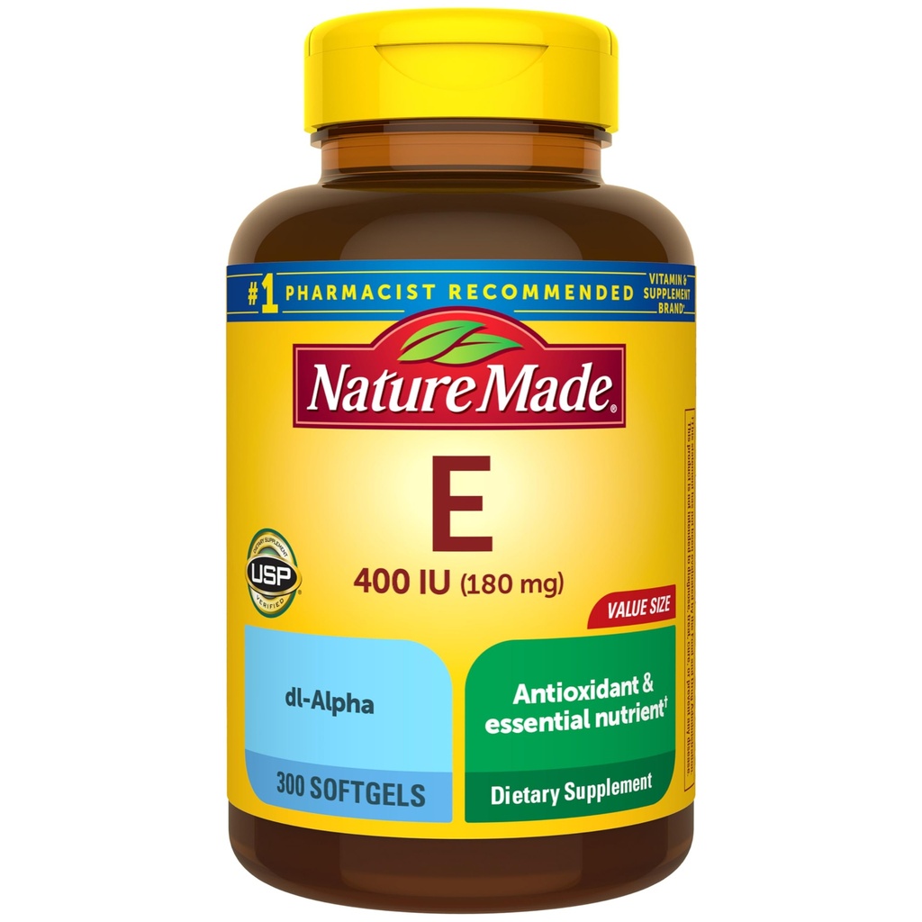 Nature Made Vitamin E 180 mg (400 IE) dl-Alpha, Dieetsupplement voor Antioxidant Support, 300 Softgels, 300 Day Supply