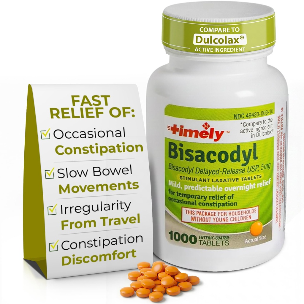 Laxatif en temps opportun Bisacodyl 5mg Comprimés - Stimulants Laxatifs pour Constipation Agissante et Douce - Constipation de nuit pour les adultes -1000 Comprimés