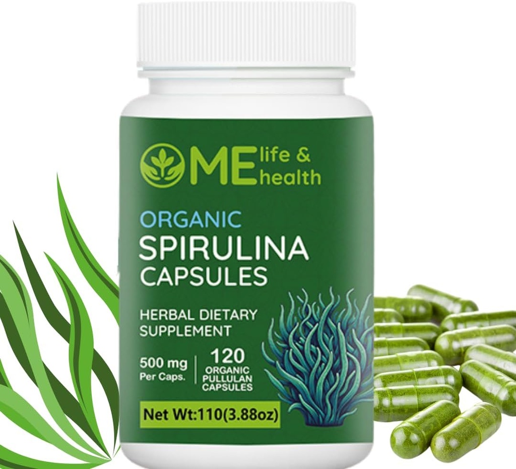 ME LIFE & Health Health Spirulina Capsules, 100% Organisch Spirulina Poeder (120 ct) 500 mg Rijk aan eiwit, vitamine A, B12 Antioxidanten & Vitaminen, Veganistisch, Natuurlijke en Pure Spirulina Non-GMO & Glutenvrij