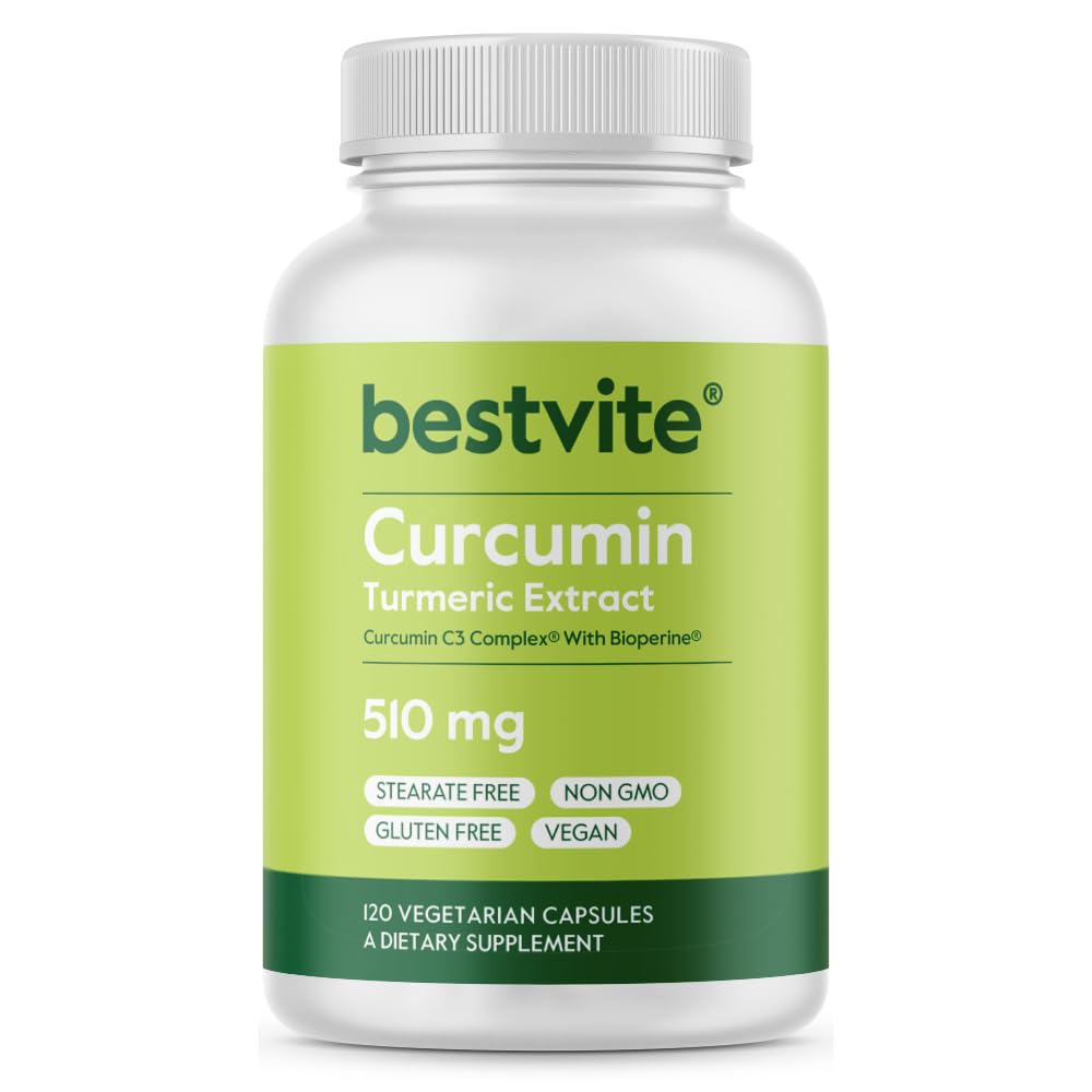 BESTVITE Curcumine 510mg (Turmeric)(120 Vegetarische Capsules) met Curcumine C3 Complex & Bioperine - Gestandaardiseerd tot 95% Curcuminoïden - Geen Stearates - Veganistisch - Niet GGO - Glutenvrij