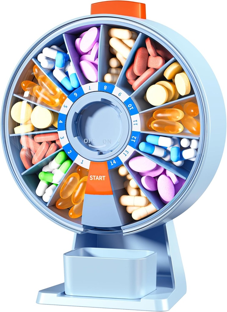 Zoksi Grote pil Organisator, Dagelijkse pil Box voor 7 of 14 dagen, Wall-Mountable Pill Dispenser Hold voor Geneeskunde, Vitamine of Supplementen, Weekly Pill Case met Easy Press Button (Blauw)