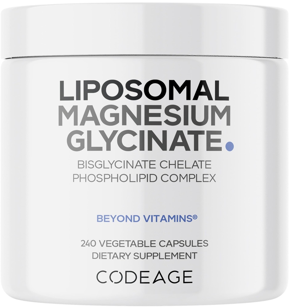 Codeage Liposomale Magnesium Glycinate Supplement, 2-maands Supply, Bisglycinate Magnesium Chelate, Chelated Magnesium Mineraal Pillen, BioPerine Black Pepper Vitaminen Capsules, Non-GMO Vegan, 240 st.