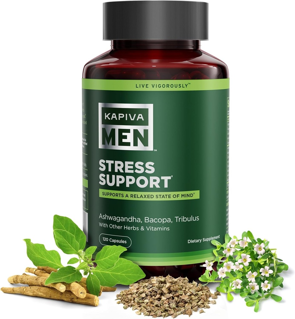 Stress Support Supplement met Ashwagandha, Bacopa, Tribulus, en andere kruiden en vitamines, ondersteunt ontspannen staat van geest, 60 dagen levering, 120 capsules