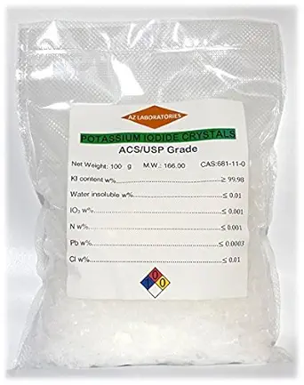 Kaliumjodide, USP graad 100 gram. Fijn kristalpoeder