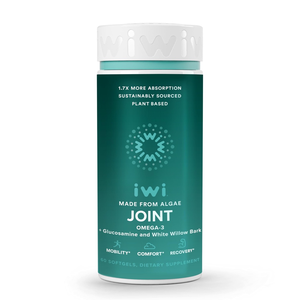 Iwi Life Joint Omega-3, 60 Softgels (30 porties), Plant Based Algen Omega-3 met Glucosamine, Mobiliteit Ondersteuning Dieetsupplement, Krill & Fish Oil Alternatief, Geen Fishy Aftersmaak