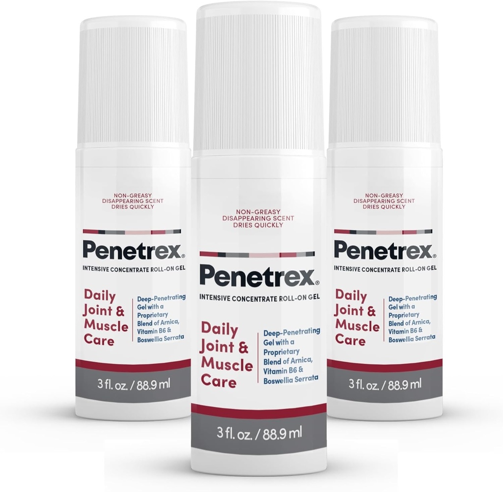 Thérapie des articulations et des muscles du Penetrex - Gel apaisant pour le dos, le cou, les mains, les pieds - Rubule du corps entier premium avec Arnica, Vitamine B6 & MSM - 3oz Roll On Gel (3-Pack)
