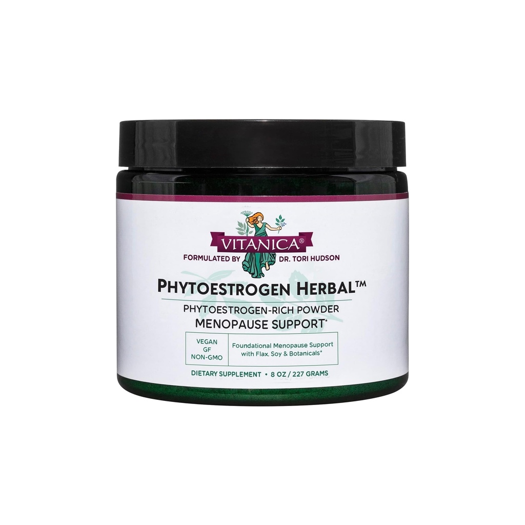 Vitanica Phytoestrogen Herbal Non-OGM PMS, Supplément de soulagement de la ménopause pour les femmes, équilibre hormonal, sucres de nuit et de secours flash chaud, Isoflavones de soja, végétalien, poudre 8 Oz (Phytoestrogen Herbal)